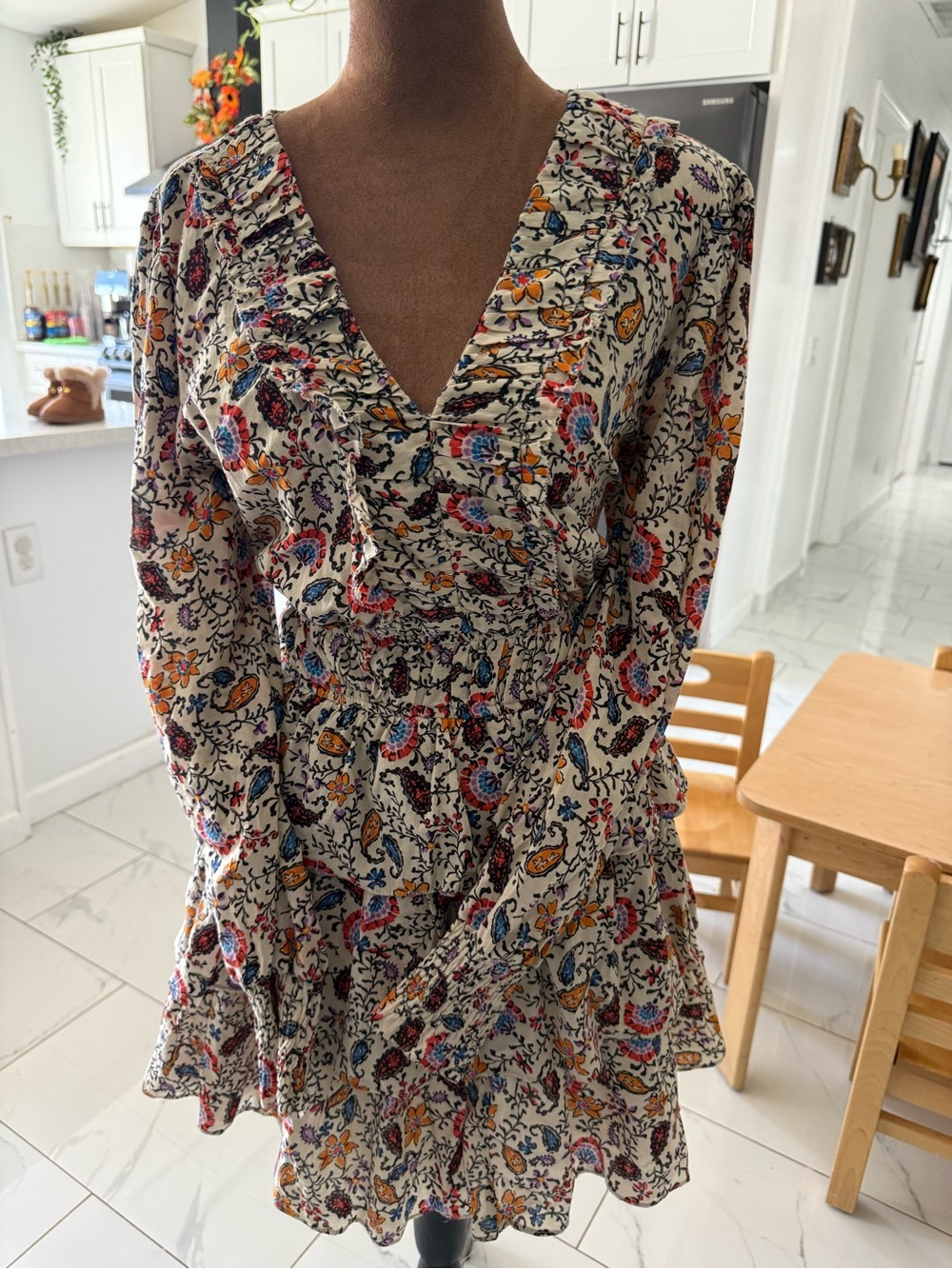 Floral V-Neck Ruffle Mini Dress - Cream Multi
